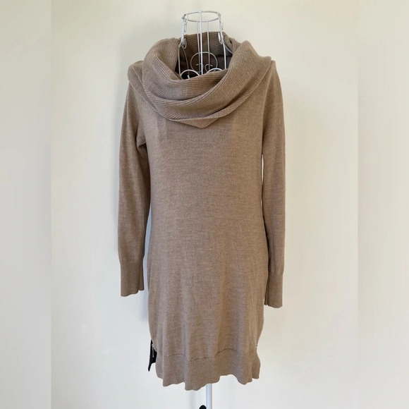 Cynthia Rowley Extrafine Merino Wool Cowl Neck Dress beige black Side Zip M - Picture 1 of 6